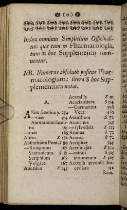 Index omnium Simplicium Officinalium quæ tum in Pharmacologia, tum in hoc Supplemento continentur.
