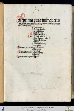 Pars 7: ... pars huius operis: ... continens postillam dn̄i Hugonis Cardinalis super Epistolas pauli