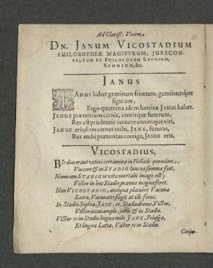 Ad Clariß: Virum Dn. Janum Vicostadium Philosphiae Magistrum, Jureconsultum Et Philologum Eximium, Sponsum, &c[etera]