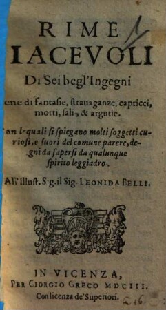 Rime piacevoli di sei begl'Ingegni : Piene di fantasie, stravaganze, capricci, motti, sali & argutie ...
