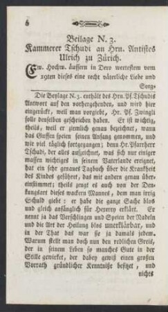 Beilage N. 3. Kammerer Tschudi an Hrn. Antistes Ulrich zu Zürich