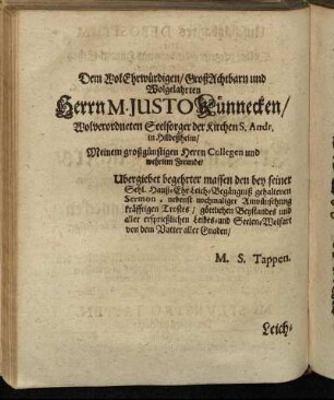 Dem Wol-Ehrwürdigen/ Groß-Achtbarn und Wolgelahrten Herrn M. Justo Künnecken/ [...]