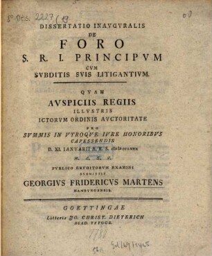 Dissertatio inauguralis de foro S. R. I. principum cum subditis suis litigantium