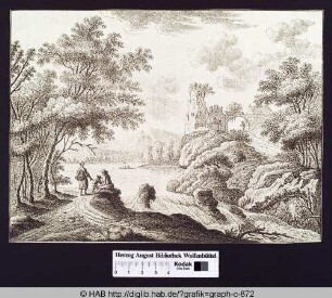 Frau, Mann und Kind in einer bewaldeteten Flusslandschaft in der Nähe einer Ruine und eines Dorfes