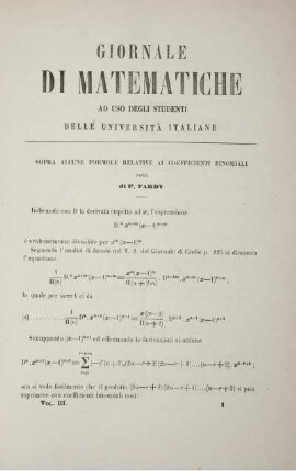 Sopra alcune formole relative at coefficienti binomiali.