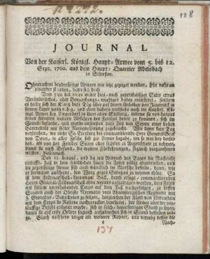 Journal Von der Kaiserl. Königl. Haupt-Armee vom 5. bis 12. Sept. 1760. aus dem Haupt-Quartier Adelsbach in Schlesien