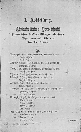 'I. Abtheilung. Alphabetisches Verzeichniß sämmtlicher hiesiger Bürger[…]'