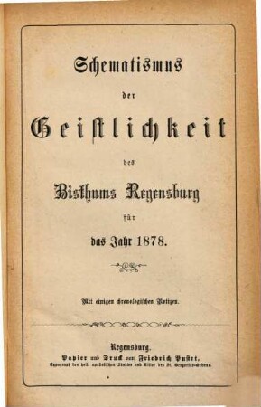 Schematismus des Bistums Regensburg. 1878, 1878