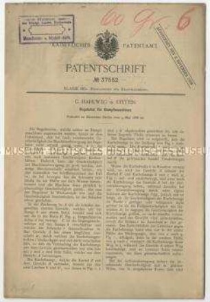 Patentschrift eines Regulators für Dampfmaschinen, Patent-Nr. 37552