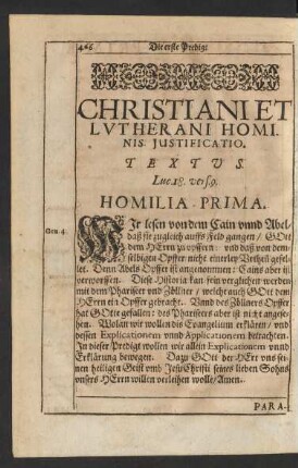 Christiani Et Lutherani Hominis Justificatio. Homilia Prima.