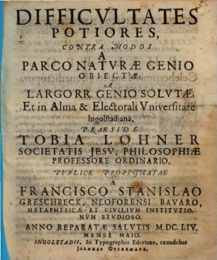 Difficvltates Potiores Contra Modos A Parco Natvrae Genio Obiectae