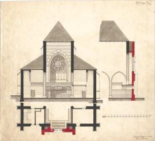 Dolmetsch, Heinrich; Vaihingen / Enz; Ev. Pfarrkirche, Restaurierung - Choranbau (Grundriss, Längsschnitt); Schiff Ostseite (Querschnitt)