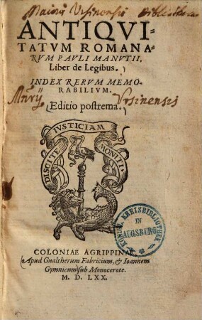 Antiqvitatvm Romanarvm Pavli Manvtii, Liber de Legibus