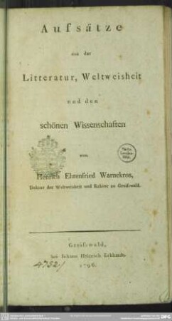 Aufsätze aus der Litteratur, Weltweisheit und den schönen Wissenschaften