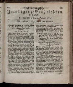 Sonnabends: den 14. Octobr. 1775.