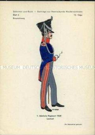 Uniformdarstellung, Leutnant des 1. Infanterie-Regiments, Herzogtum Braunschweig, 1828.