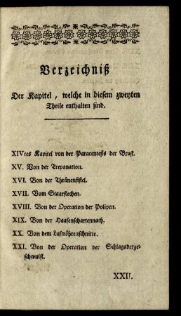 Verzeichniß. Der Kapitel, welche in diesem zweyten Theile enthalten sind.