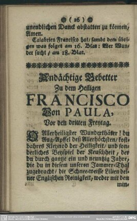Andächtige Gebetter Zu dem Heiligen Francisco Von Paula, Vor den dritten Freytag
