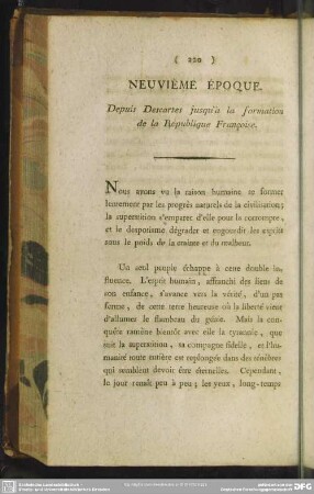 Neuvième Époque. Depuis Descartes jusqi'à la formation de la République Françoise