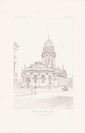 Umbau der Kirche auf dem Gendarmenmarkt, Berlin: Perspektivische Ansicht (aus: Atlas zur Zeitschrift für Bauwesen, hrsg. v. L.v.Tiedemann, Jg. 33, 1883)
