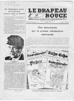 Illegale Flugblattausgabe der belgischen KP-Zeitung "Le drapeau rouge" u.a. mit einem Beitrag über Ernst Thälmann