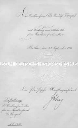 Ernennungsurkunde von Rudolf Vaupel zum Staatsarchivdirektor mit Original-Unterschrift des preußischen Ministerpräsidenten Göring