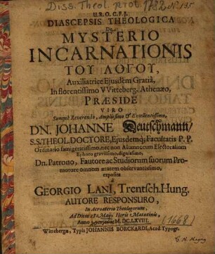 Diascepsis Theologica De Mysterio Incarnationis Tu Logu