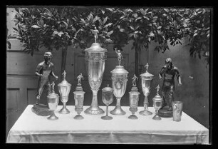 Tisch mit verschiedenen Pokalen u.a. Pokal "Wanderpreis gestiftet von der Stadt Wertheim"