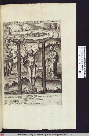 Martyrium des Hl.Marius und seiner Frau der Hl. Martha im Vordergrund, links von ihnen ihre Söhne Audifax und Abachum, hinten links Martyrium des Hl.Cyprian und der Hl.Justina, mittig 46 getötete Märtyrer, rechts Martyrium des Hl. Valentinus.