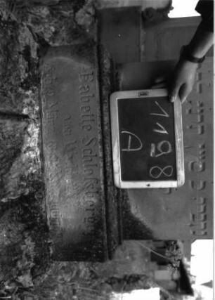 Grabstein 1198 (Index: 100104361) Material: Sandstein Zustand: stellenweise stark verwittert, teilweise noch gut erhalten Maße HxBxT: 178x47x16 cm Beschreibung: Stele auf getrepptem Sockel, Giebelaufsatz mit Giebel- und Eckakroterien, mit eingeritzten Voluten/Blattornamenten, unterster Sockel felsartig gearbeitet Symbolik: Voluten-/Blattornamente: Grabstein 1198A