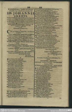 In gratulationem, laudem & honorem Reverendi, longè Clarissimi & Doctissimi Viri Dn. Johannis Arndts, ...
