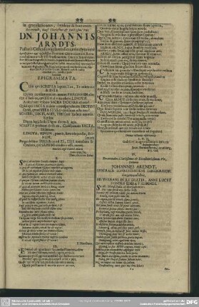 In gratulationem, laudem & honorem Reverendi, longè Clarissimi & Doctissimi Viri Dn. Johannis Arndts, ...