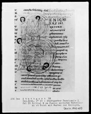 Stuttgarter Passionale — Pars hiemalis (erster Band) — Initiale B (enignitas salvatoris), darin Marter der Heiligen Marcellinus und Petrus, Folio 59recto