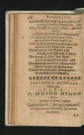 Pentapolis Hunniana Hoc est, Vita D. Aegidii Hunnii ...