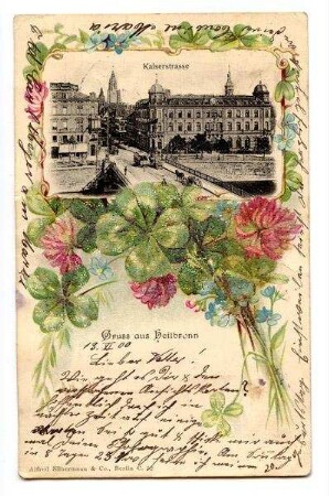 "Gruss aus Heilbronn"- Blick von der Neckarbrücke in die untere Kaiserstraße mit Postamt 1 (Kaiserstraße 2), umrahmt von floralen Elementen