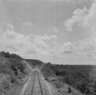 Bahnschiene : Eine Bahntrasse durchschneidet die Landschaft