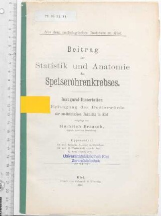 Beitrag zur Statistik und Anatomie des Speiseröhrenkrebses