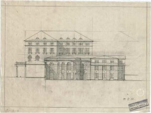 Littmann, Max; München, Briennerstr.; Diskontgesellschaft, Gartenbebauung Palais Almeida - Ansicht m. Schnitt