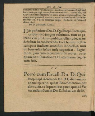 XV. Porro cum Excell. Dn. D. Quistorpius ... D. Calixti ... ad D. Behmium ...