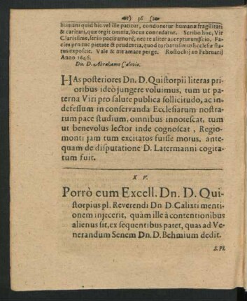 XV. Porro cum Excell. Dn. D. Quistorpius ... D. Calixti ... ad D. Behmium ...