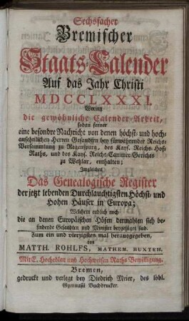 1781: Sechsfacher Bremischer Staats-Calender