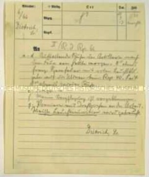 Handschriftich ausgefüllter Vordruck zur Meldung über den aktuellen Verlauf des Kriegsgeschehens; 6/Regiment 66 an das II. Reserve-Infanterie-Regiment, Uhrzeit 11:30 Uhr