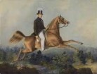 Karl von Hamel, Generalmajor, württ. Stallmeister, auf springendem Pferd in Landschaft, in Zivil mit Hut, Brustbild in Halbprofil