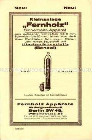 Kleinanlage "Fernholz" Sicherheits-Apparat zum autogenen Schweißen bis 8 mm, Schneiden bis 30 mm, ferner zum Hartlöten, Weichlöten, Schmelzen, Glühen, usw. mittels Sauerstoff und flüssiger Brennstoffe (Benzol)