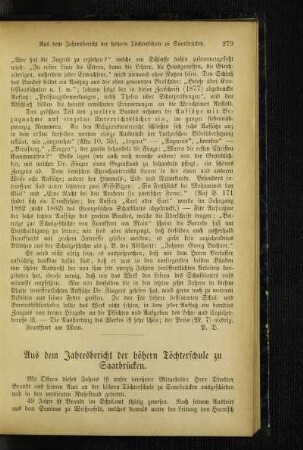Aus dem Jahresbericht der höhern Töchterschule zu Saarbrücken
