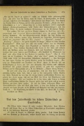 Aus dem Jahresbericht der höhern Töchterschule zu Saarbrücken