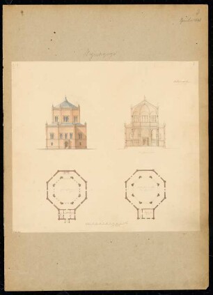 Synagoge Monatskonkurrenz Januar 1848: Grundriss Erdgeschoss, Emporengeschoss, Aufriss Straßenansicht, Querschnitt; Maßstabsleiste