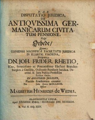 Disputatio Iuridica, De Antiquissima Germanicarum Civitatum Pensione, Vulgo Orbede