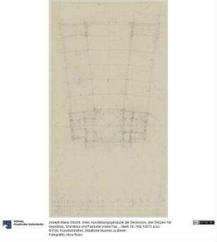 Wien, Ausstellungsgebäude der Secession, drei Skizzen mit Grundriss, Grundriss und Fassade sowie Fassade und Schnitt