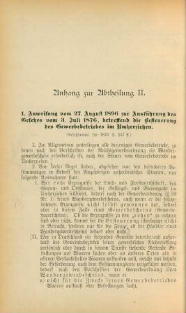 1. Anweisung vom 27. August 1896 zur Ausführung des Gesetzes vom 3. Juli 1876, betreffend die Besteuerung des Gewerbebetriebes im Umherziehen